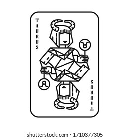 Horoscope Zodiac Taurus Playing Card Models, Line Art Style, Blak and White Logo Vector Illustration