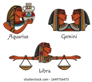 Horoscopes in Egyptian style. Zodiac's air signs. Aquarius, Gemini, Libra. Creative cartoon style, vector illustration.