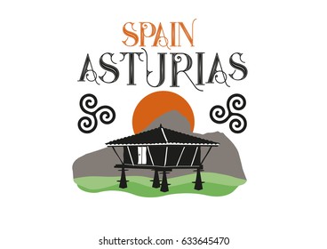 Horreo, old wooden building used as granary. Typical from Asturias, Spain. Vector Ilustration. 