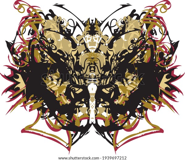 Horrible butterfly wings with golden and dark red\
elements. Dangerous butterfly with floral and animal motifs on a\
white background for posters, tattoos, textiles, wallpaper, cards,\
prints, etc.