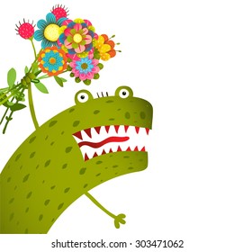 Horrible and Cute Funny Monster with Bunch of Flowers Congratulating. Colorful hand drawn illustration for kids of cute creature. Vector drawing.