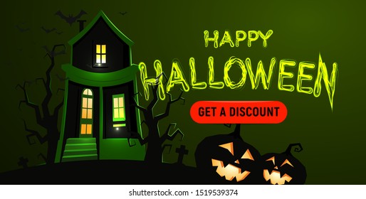 Horrible and dilapidated castle / haunted witch's house in the cemetery with scary pumpkin heads, silhouettes of dead trees and grave crosses. Happy Halloween discount web banner. Vector illustration.