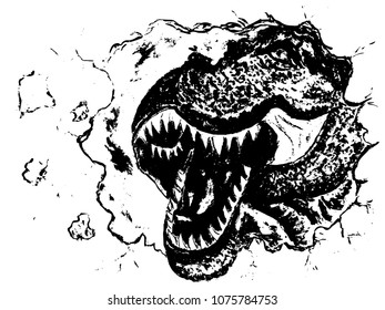 Horrible giant dinosaur, the portrait of tyrannosaurus rex, black and white design illustration.