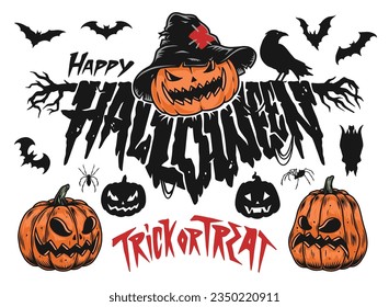 Horrible Halloween holiday colorful sticker with pumpkins with scary faces and bats or crows and spiders vector illustration