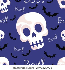 Horrible halloween skull pattern on purple isolated background. Mystical halloween skull - traditional festive decor element in cartoon flat style. For prints, wrapping paper, halloween decor.