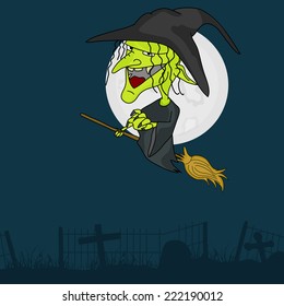 Horrible laughing witch flying on horn broom infront of moon on blue background.