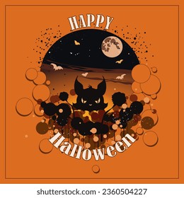 Horrible monster in dark background the full moon with text and bats. Template design for Halloween poster, greeting card, party invitation, print, social media post. Vector illustration	
