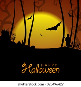 Horrible night view with silhouette of haunted house, vampire and flying bats for Halloween Party celebration.