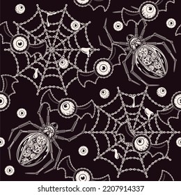 Horrible pattern with monsters, metallic robotic spider, spiderweb, flying human eyeballs with bat wings. Scary, terrible, surreal vector illustration in in steampunk style