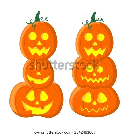Horrible pumpkins standing on top of each other, decorations for the Halloween holiday. The composition of cute orange pumpkins for Halloween is isolated on a white background.