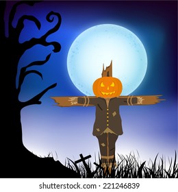 Horrible puppet of pumpkin binding on cross in dangerous night view.