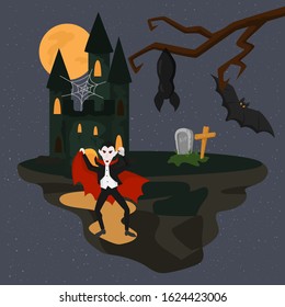 Horrible scary Dracula vampire on Halloween dark night vector illustration. Castle mansion of Dracula, grave with tombstone and cross, bats, spiderweb, moon, tree. Halloween holiday celebration.