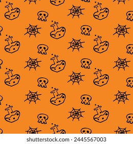 Horrible and scary pattern for Halloween. Happy Halloween. Endless background with spider web skull and witch's potion. EPS10