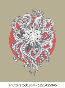 Horrible Sea Monster with Wings and Tentacles. Illustration in Classic Ink Technique in Vector Format.