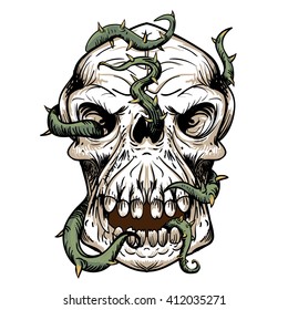 Horrible Skull, Riddled With Thorny Vines Made In Vector