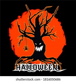 Horrible tree for Halloween. Vector banner, postcard with the image of a spooky tree with an evil grin on the background of an orange moon. Evil monster, dead, old tree and moon on a black background