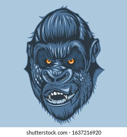 Horrible view of gorilla face with orange eyes, freehand drawing.