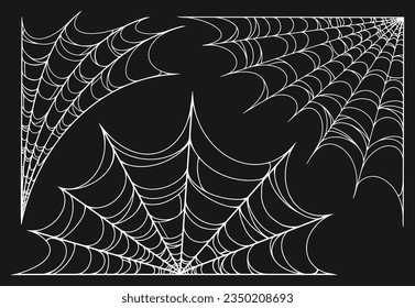 Horribles etiquetas de conjunto de web monocromo con telaraña creada por arañas para cazar presas y pequeños insectos ilustraciones vectoriales