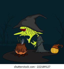 Horrible witch wearing hat with a pumpkin and pot on fire in dangerous night view.