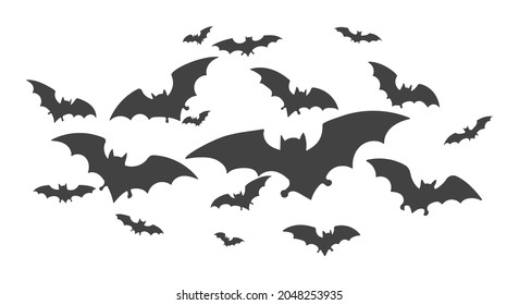 Horrific bat flock. Flying bats vector halloween illustratiuon, night shock vampire horror creepy horrific halloweens cave flying foxes isolated on white background