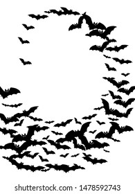 Horrific black bats flock isolated on white vector Halloween background. Flying fox night creatures illustration. Silhouettes of flying bats vampire Halloween symbols on white.