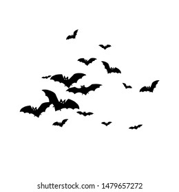 Horrific black bats swarm isolated on white vector Halloween background. Flying fox night creatures illustration. Silhouettes of flying bats traditional Halloween symbols on white.