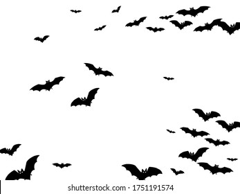 Horrific black bats swarm isolated on white vector Halloween background. Rearmouse night creatures illustration. Silhouettes of flying bats vampire Halloween symbols on white.