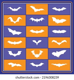 Horrific black bats swarm isolated on purple and orange Halloween background. Silhouettes of flying bats traditional Halloween symbols, Halloween bats, Happy halloween