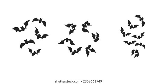 Horrific black bats swarm isolated on white vector Halloween background