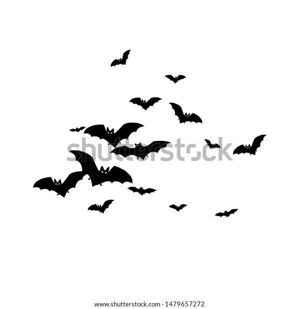Horrific black\
bats swarm isolated on white vector Halloween background. Flying\
fox night creatures illustration. Silhouettes of flying bats\
traditional Halloween symbols on\
white.