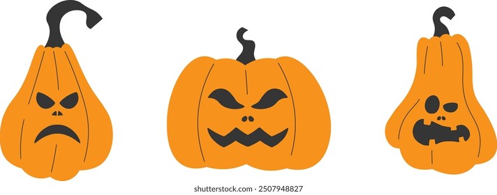 Calabazas horribles para las vacaciones de Halloween. Jack O'Lantern con cara malvada y ojos aislados contra un fondo transparente.