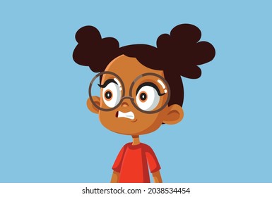 Horrified Little Girl Vector Cartoon Illustration. Young Kid Feeling Frightened Having An Emotional Response To Stress Being Nervous
