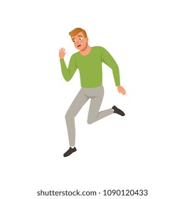 Horrified man running away from something. Young guy with frightened face expression. Flat vector design