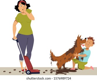 Horrified Mother Looking At A Boy, Hugging A Very Dirty Dog, Making Mess Everywhere, EPS 8 Vector Illustration