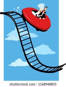 Horrified newlywed couple riding a roller coaster and going down, EPS 8 vector illustration