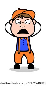 Horrified - Retro Cartoon Carpenter Worker Vector Illustration﻿