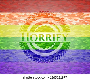 Horrify emblem on mosaic background with the colors of the LGBT flag
