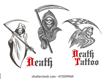 Horrifying grim reapers vintage sketch characters of deathful skeletons wearing hooded coats with scythes in bony hands. Great for death symbol, motorsport mascot or tattoo design