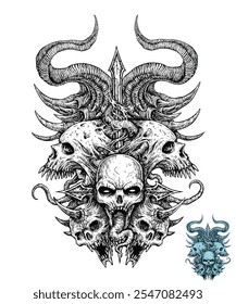 Horrifying Skull Design with Tongue Out and Gothic Elements. Sinister Skulls with Horror Elements