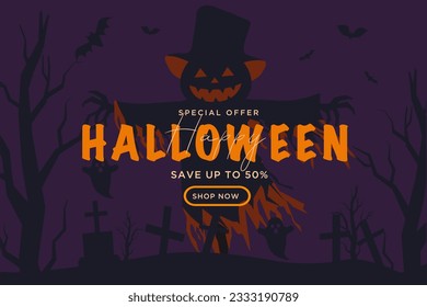 Horrifyingly Good Deals for 50% Discount for Happy Halloween. Special Offer Clearance Sale with Scarecrow at the Cemetery. Spooky Design for Banners, Posters, Promotional integrations.