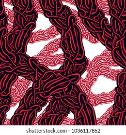Horror art style horrible seamless pattern, vector background. Tangled roots or gut biological life form weird endless illustration. Usable for fabric, wallpaper, wrapping, web and print.