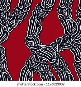 Horror art style horrible seamless pattern, vector background. Tangled roots or gut biological life form weird endless illustration. Usable for fabric, wallpaper, wrapping, web and print.
