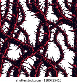 Horror Art Style Horrible Seamless Pattern, Vector Background. Blackthorn Branches With Thorns Stylish Endless Illustration. Hard Rock And Heavy Metal Subculture Music Textile Fashion Stylish Design.