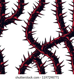 Horror art style horrible seamless pattern, vector background. Blackthorn branches with thorns stylish endless illustration. Hard Rock and Heavy Metal subculture music textile fashion stylish design.