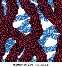 Horror art style horrible seamless pattern, vector background. Tangled roots or gut biological life form weird endless illustration. Hard Rock and Heavy Metal subculture music textile