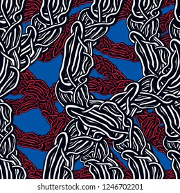 Horror art style horrible seamless pattern, vector background. Tangled roots or gut biological life form weird endless illustration. Usable for fabric, wallpaper, wrapping, web and print.