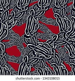 Horror art style horrible seamless pattern, vector background. Tangled roots or gut biological life form weird endless illustration.