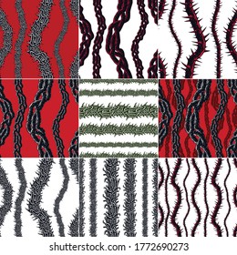 Horror Art Style Horrible Seamless Patterns Set, Vector Backgrounds Collection. Hard Rock And Heavy Metal Subculture Music Textile Fashion Stylish Design.