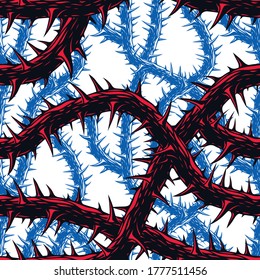 Horror art style horrible seamless pattern, vector background. Blackthorn branches with thorns stylish endless illustration. Hard Rock and Heavy Metal subculture music textile fashion stylish design.