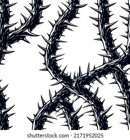Horror art style horrible seamless pattern, vector background. Blackthorn branches with thorns stylish endless illustration. Hard Rock and Heavy Metal subculture music textile fashion stylish design.